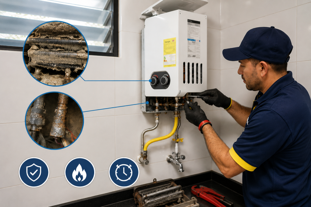 Técnico realizando mantenimiento a un calentador de gas